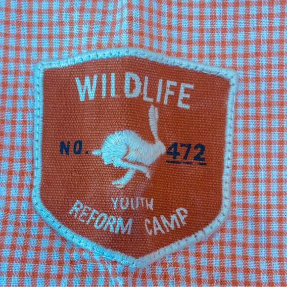 Akoo Plaid Button Up Short Sleeve Shirt Embroidered Patches Orange White XL - Picture 9 of 13